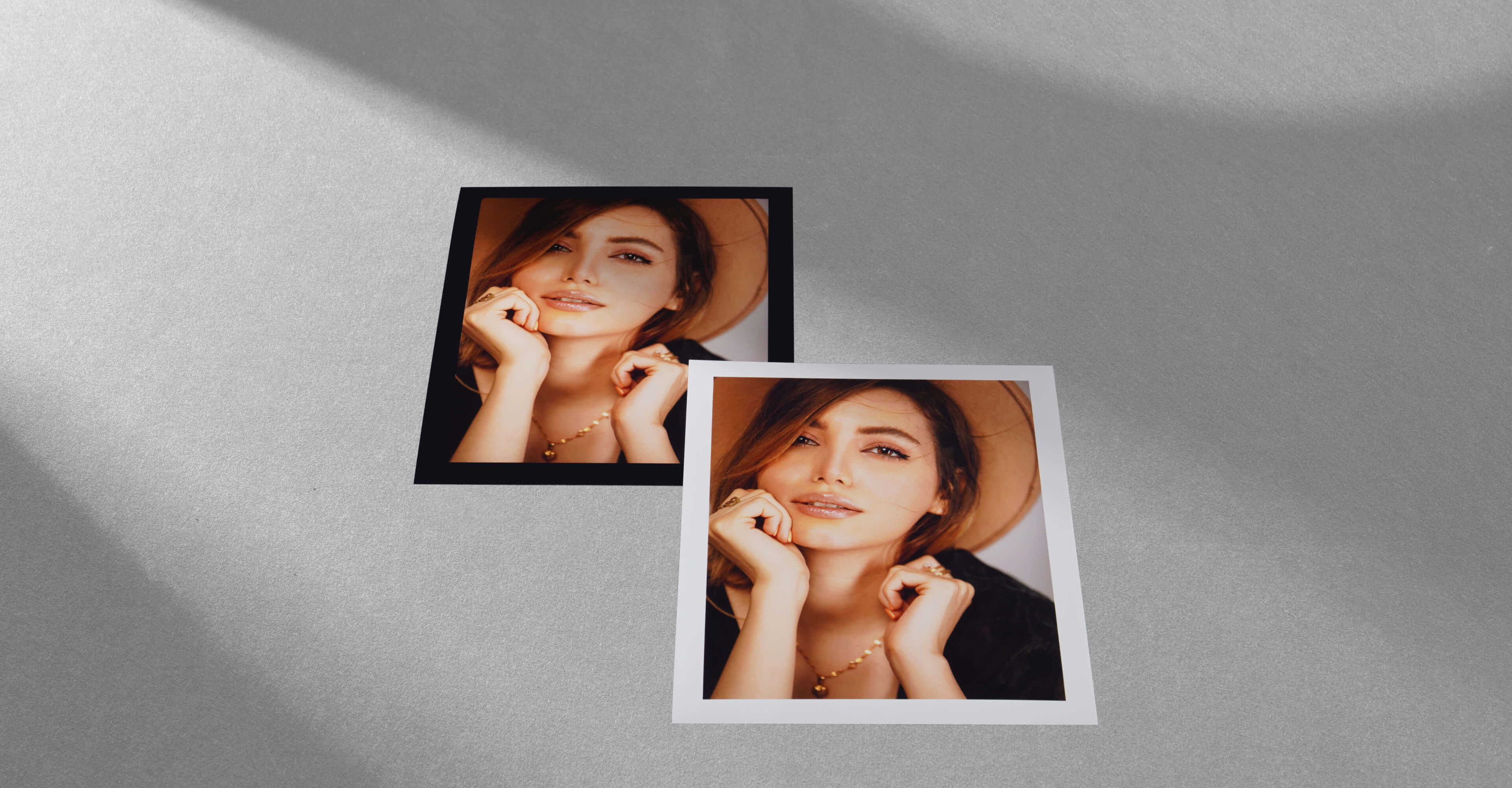 photo prints showing two photos of the same woman with different border colors